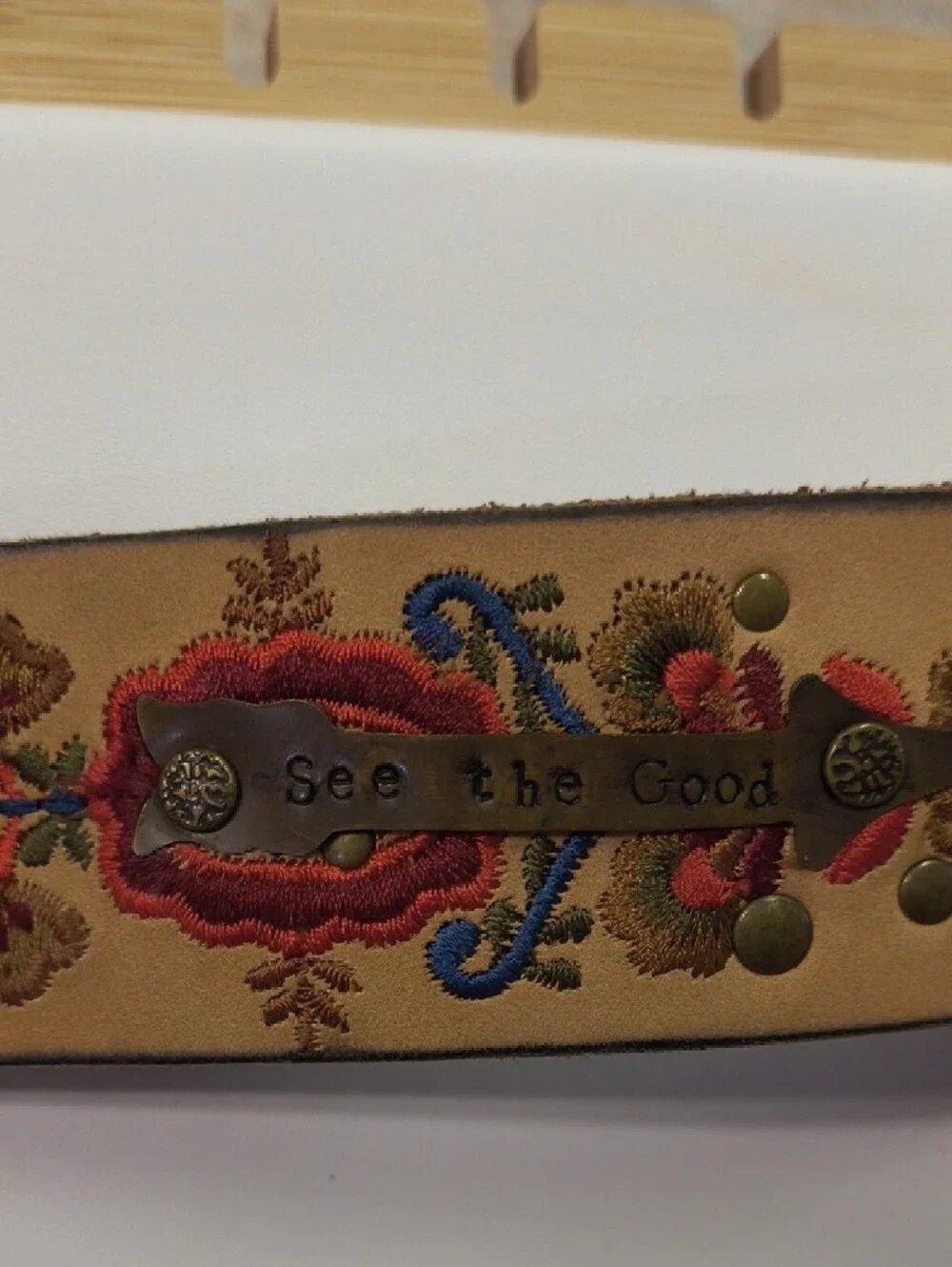 Embroidered Tan Leather Bracelet with Colorful Floral Design TANDY Snaps